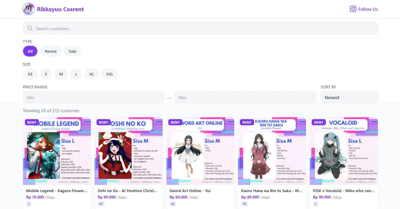 Screenshot website Rikkayuu Cosrent rental kostum